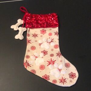 Dog Christmas Stocking, Paw Prints, Bones, Sequins and snowflakes